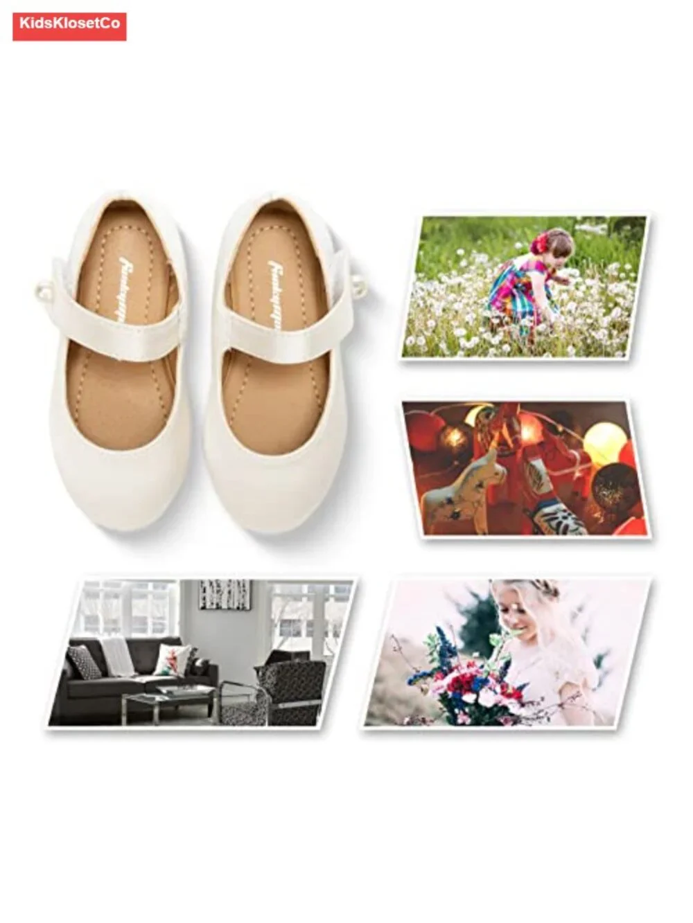 Toddler Girls Mary Jane Flats Dress Shoes with Pearl Strap, Soft TPR Sole